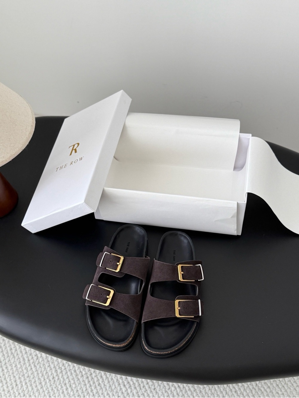 The Row Suede Double-Buckle Slide Sandals in Brown